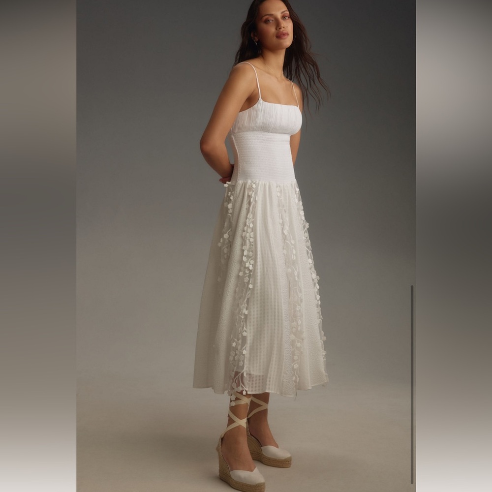 Maeve by Anthropologie White Embellished Smocked Midi Dress